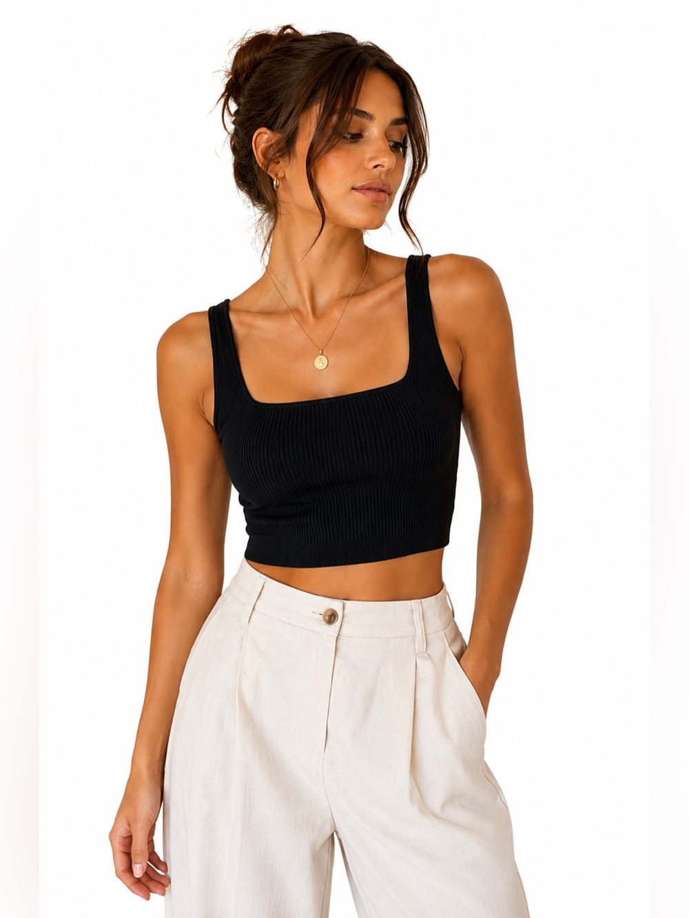 Nicole Miller Collection Black Ribbed Knit Crop Tank Top S Minimal Chic
